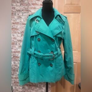Chic Green Double-Breasted Trench-Style Jacket Belted Lined Preppy Classic Large